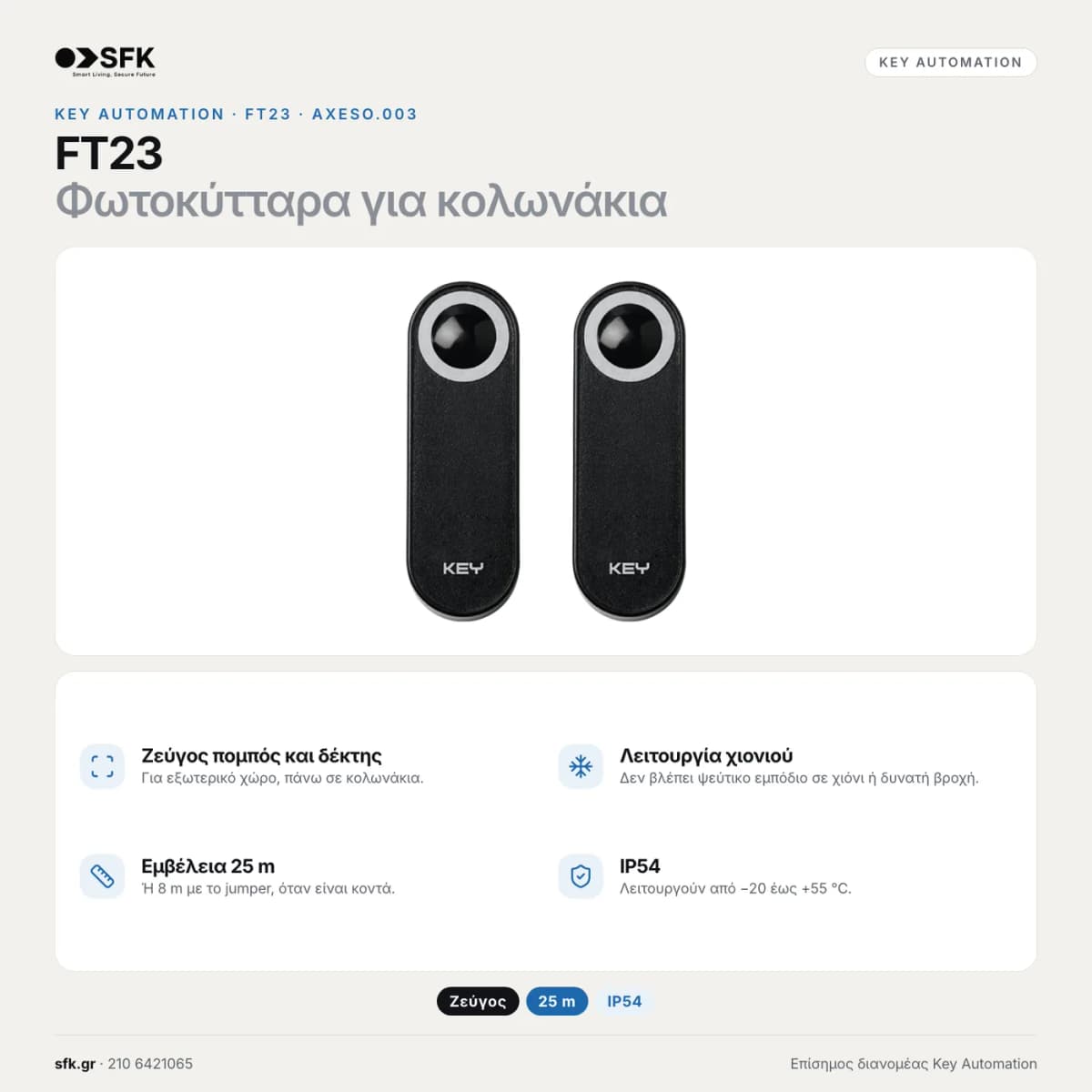 Φωτοκύτταρα ασφαλείας KEY FT23 — τεχνικό infographic