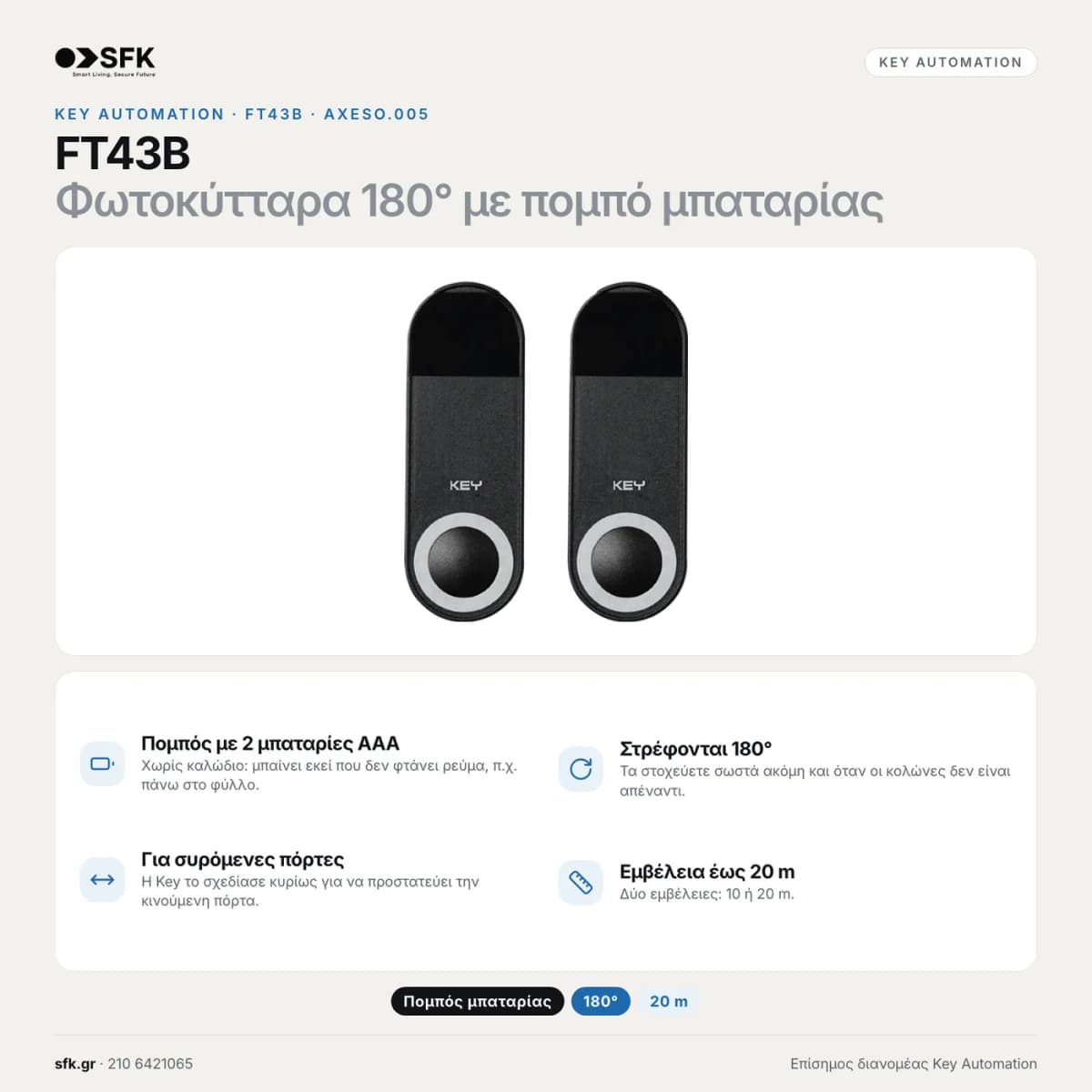 Φωτοκύτταρα ασφαλείας KEY FT43B — τεχνικό infographic