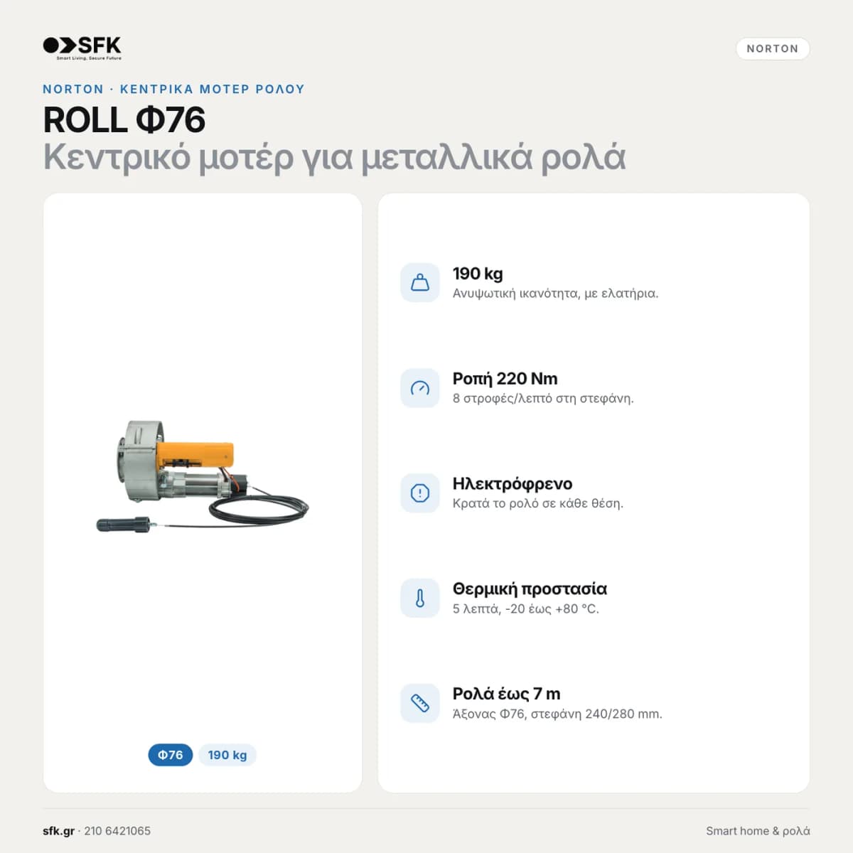 Κεντρικό μοτέρ ρολού NORTON ROLL-EVO Φ76 — τεχνικό infographic