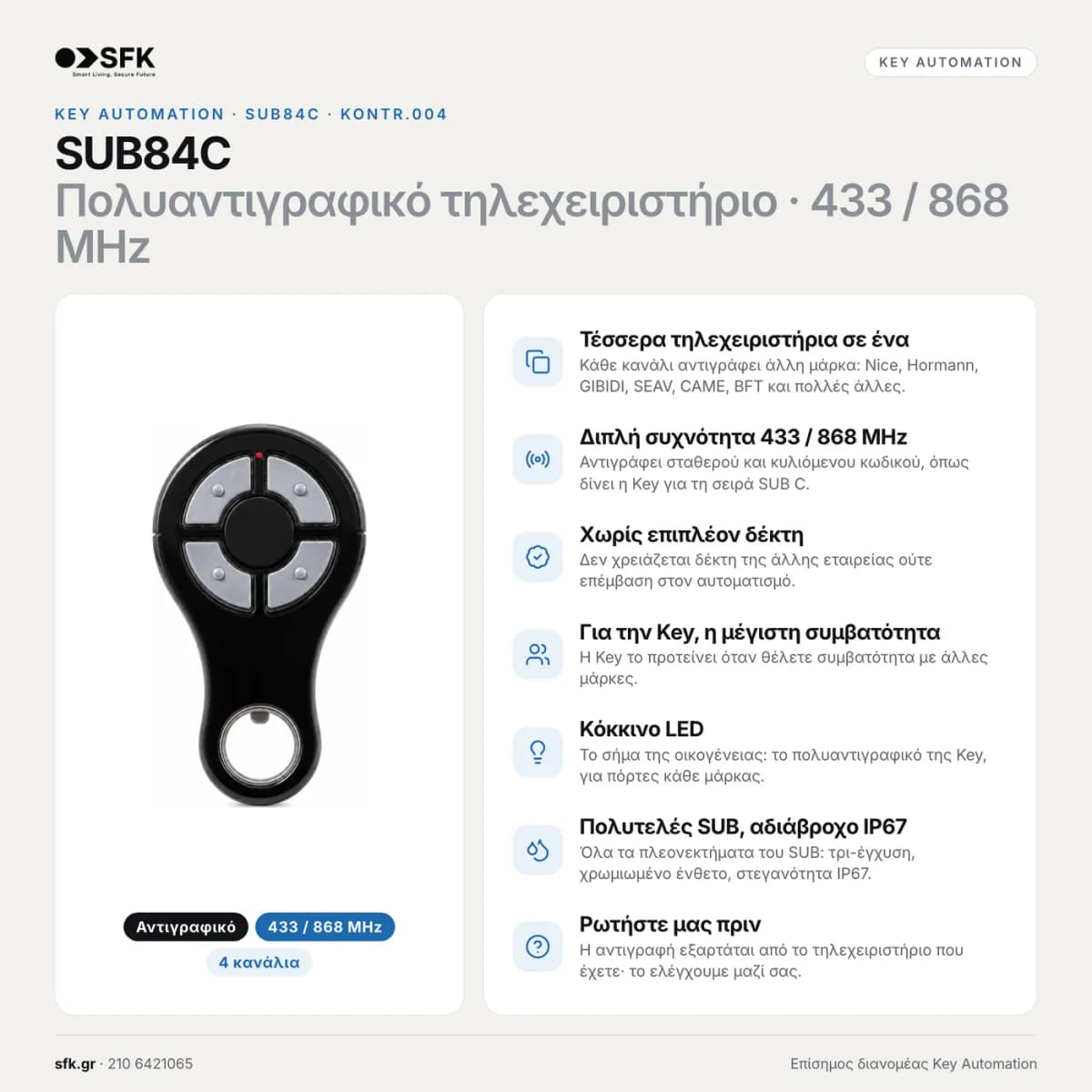 Τηλεχειριστήριο γκαραζόπορτας KEY SUB84C — τεχνικό infographic