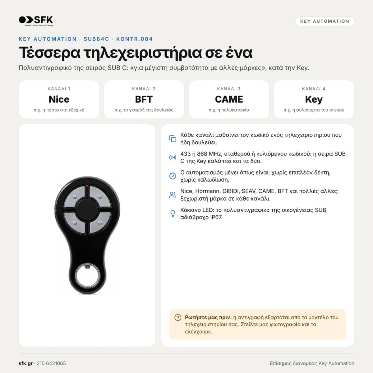 Τηλεχειριστήριο γκαραζόπορτας KEY SUB84C — τεχνικό infographic