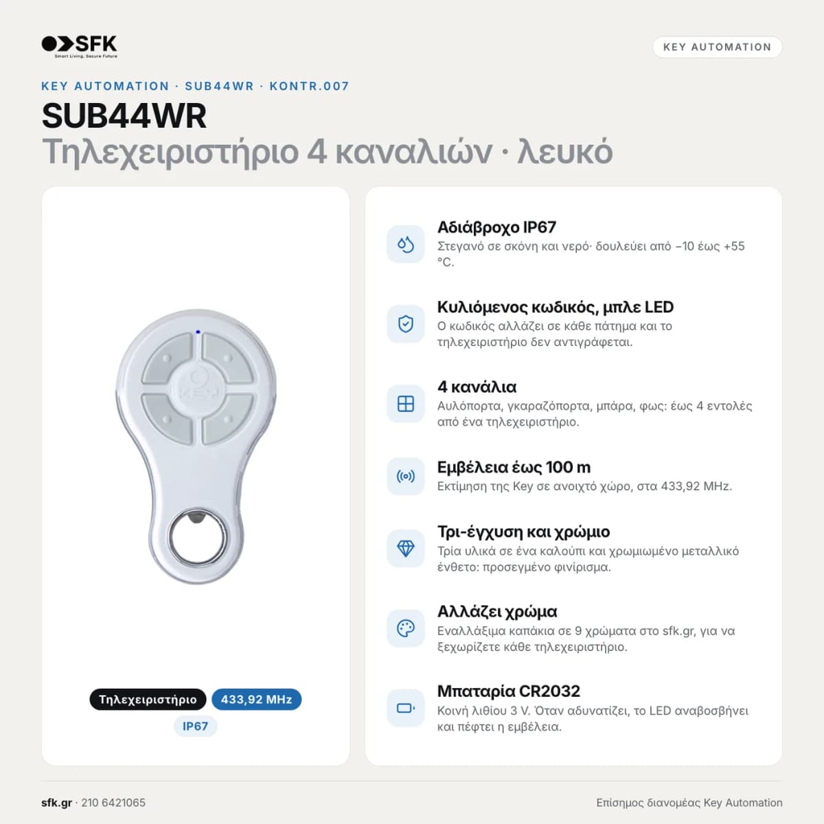 Τηλεχειριστήριο γκαραζόπορτας KEY SUB44WR — τεχνικό infographic