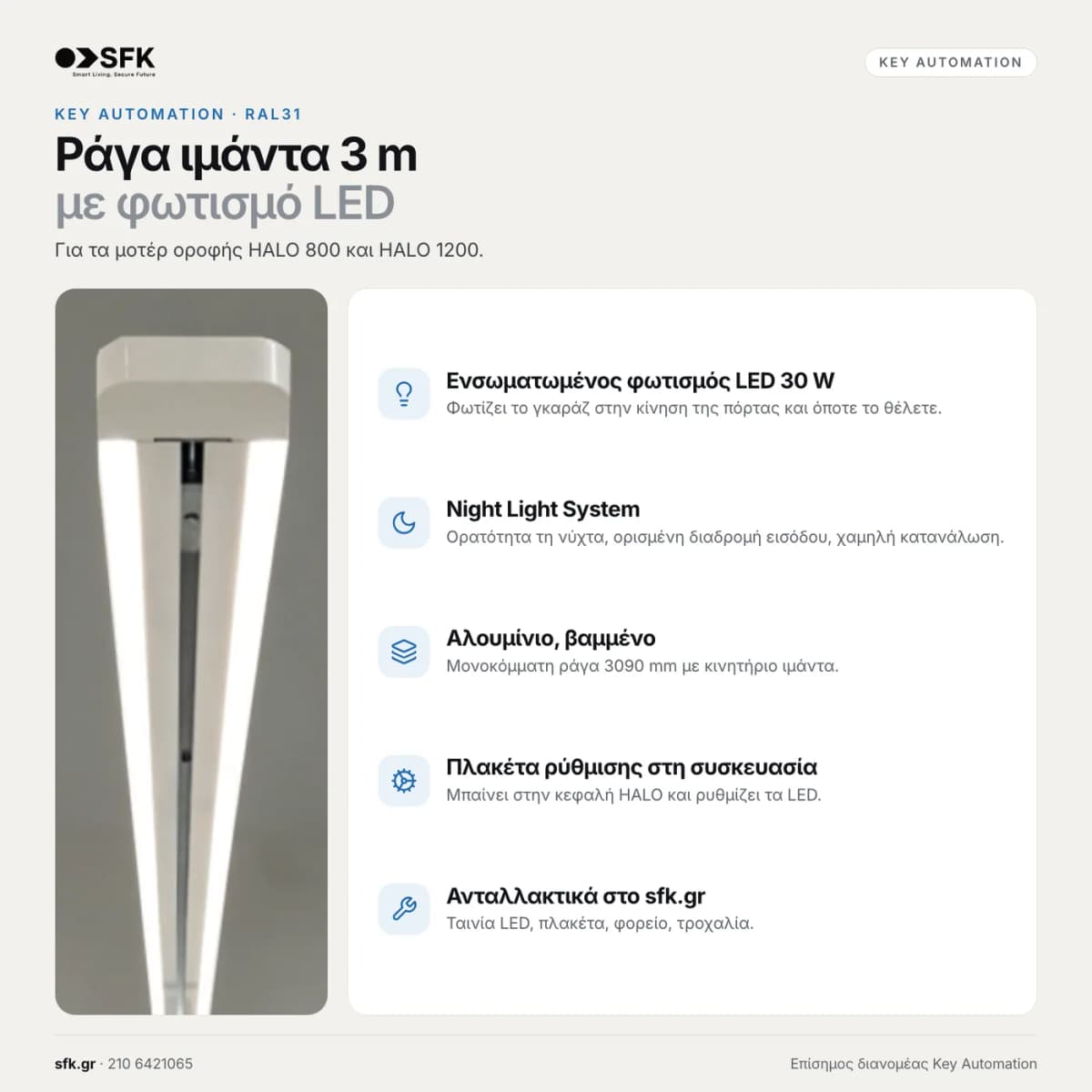 Ράγα μοτέρ οροφής KEY RAL31 — τεχνικό infographic