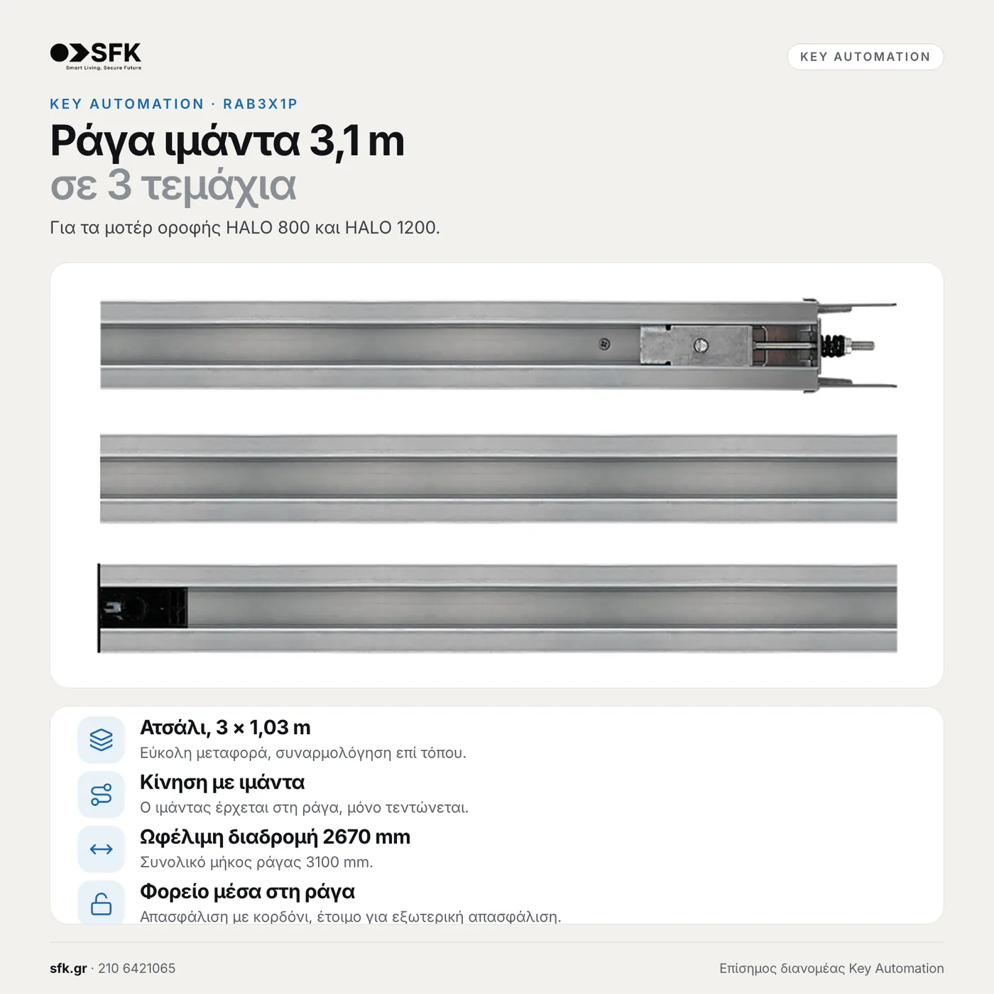 Ράγα μοτέρ οροφής KEY RAB3X1P — τεχνικό infographic