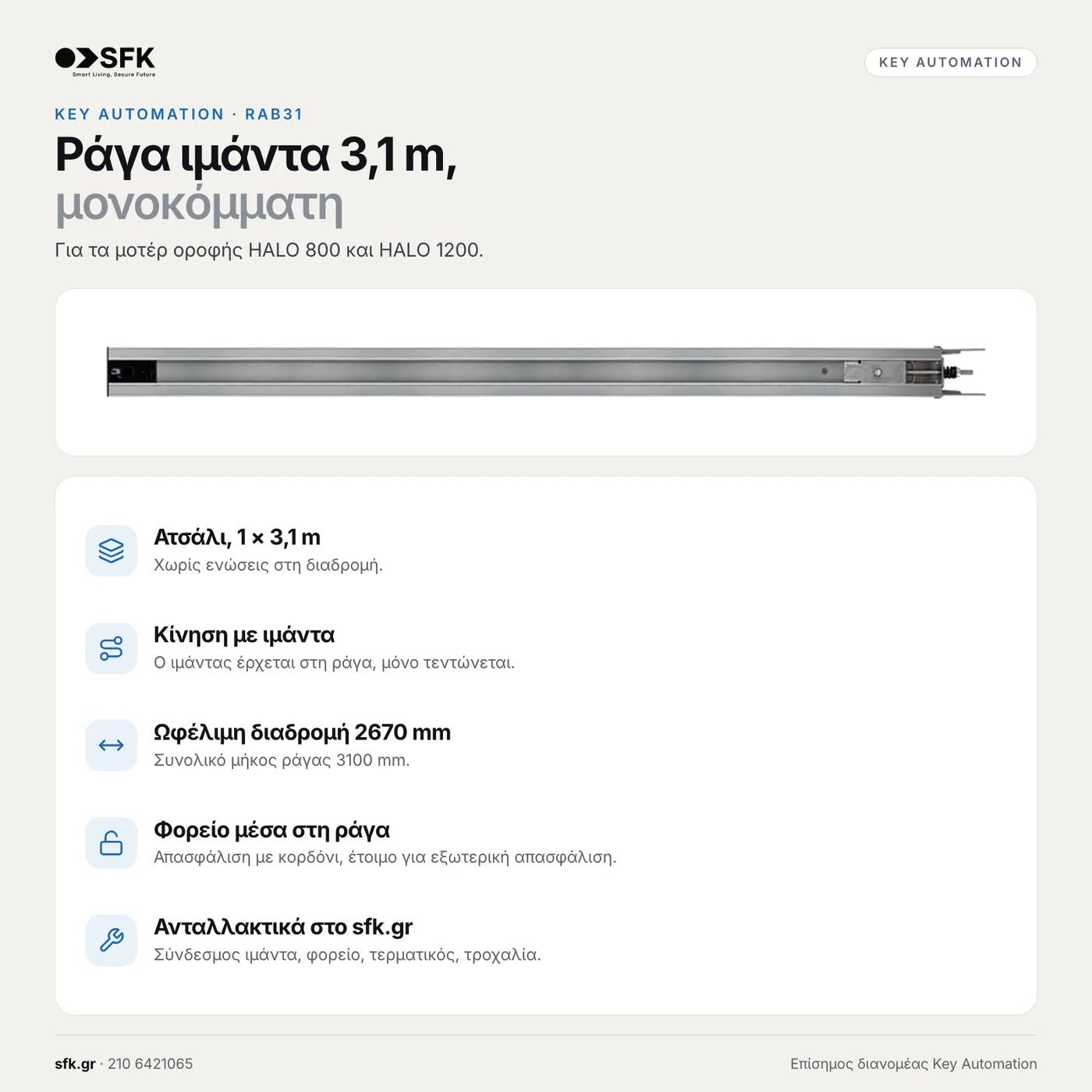 Ράγα μοτέρ οροφής KEY RAB31 — τεχνικό infographic