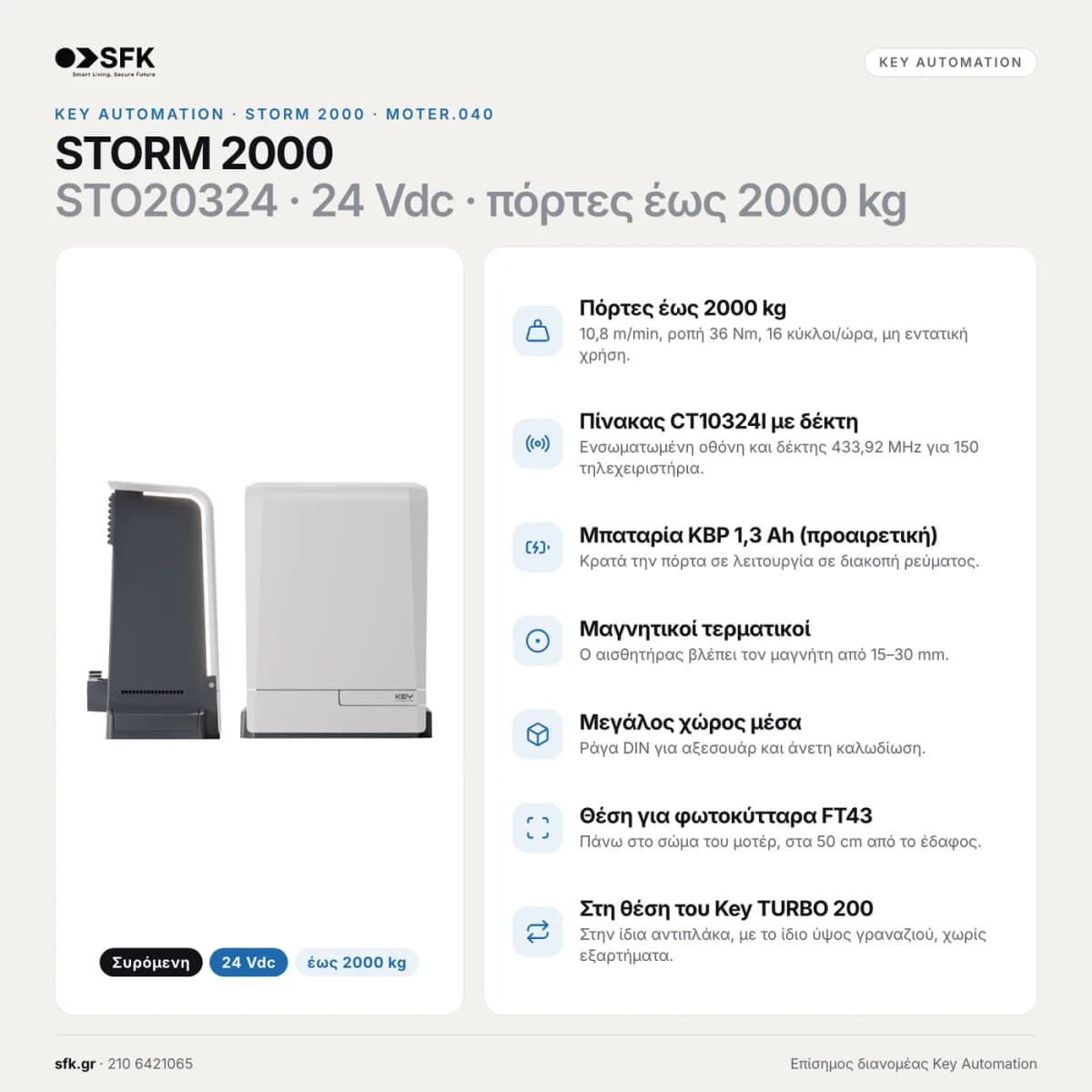 Μοτέρ συρόμενης πόρτας KEY STORM 2000 — τεχνικό infographic
